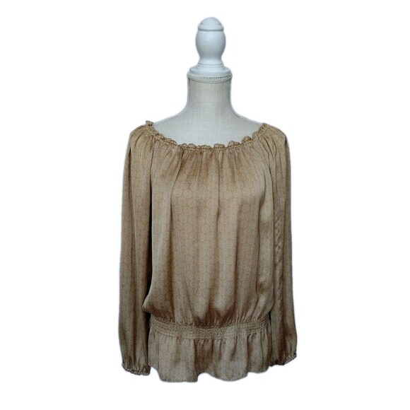 Michael Michael Kors Light Brown Long Puff Sleeve All Over MK Logo Blouse Size 4 - Picture 7 of 10